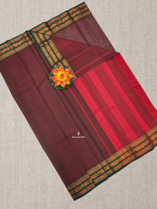 Maroon Beautiful Plain Pure Cotton Saree With  Traditional Bottle GreenBorder