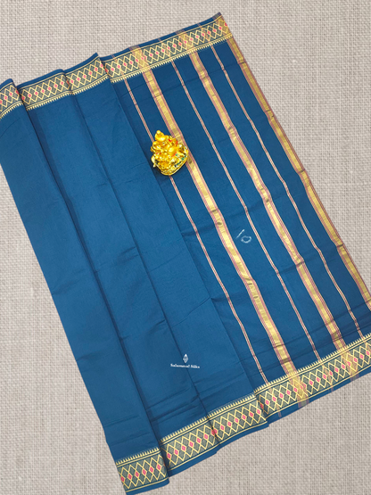 9 Yards Beautiful Parrot Green Plain Pure Cotton Saree With MeenaKari Thread Work Border