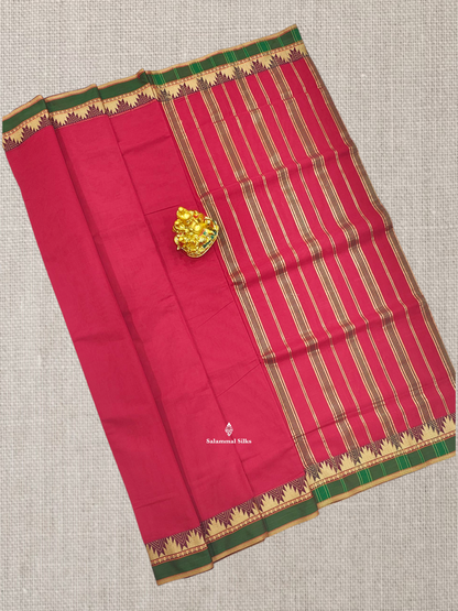 9 Yards Beautiful Reddish Pink Plain Pure Cotton Saree With Maroon Traditional Temple Border