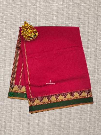 9 Yards Beautiful Reddish Pink Plain Pure Cotton Saree With Maroon Traditional Temple Border