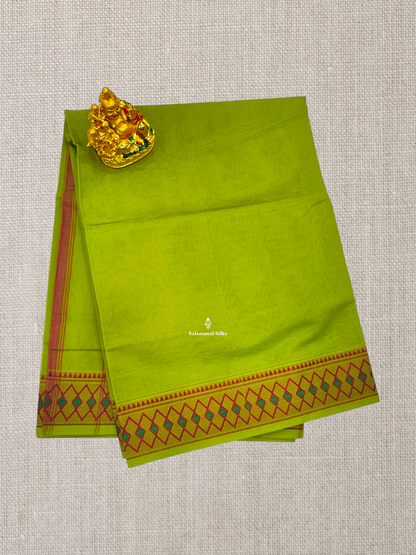 9 Yards Beautiful Parrot Green Plain Pure Cotton Saree With MeenaKari Thread Work Border