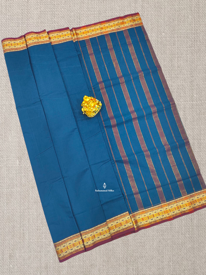 9 Yards Beautiful Navy Blue Plain Pure Cotton Saree With Maroon Border