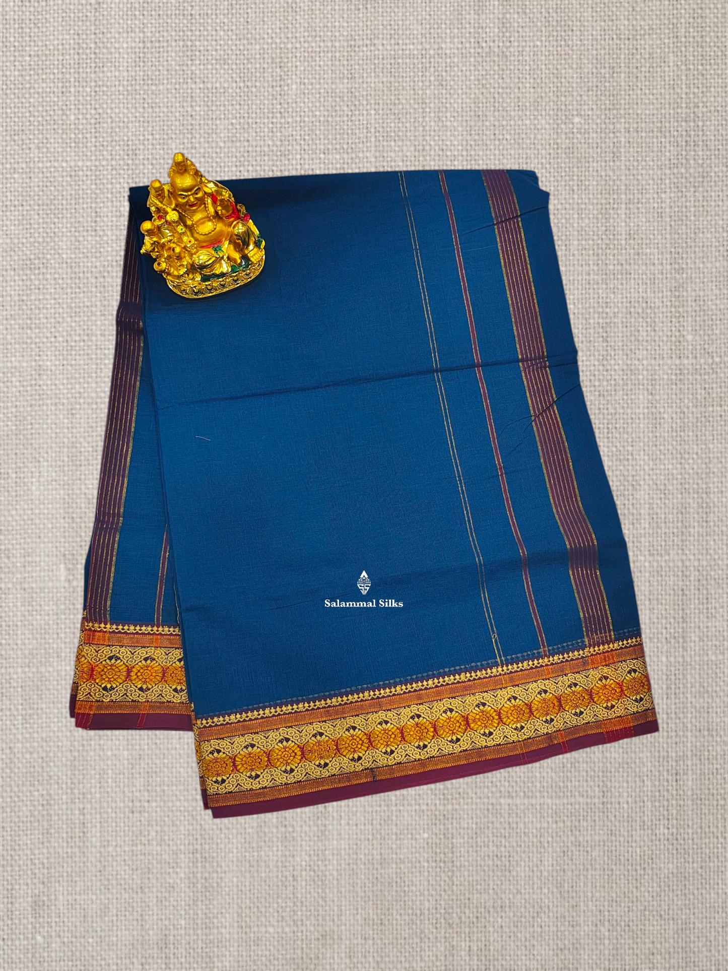 9 Yards Beautiful Navy Blue Plain Pure Cotton Saree With Maroon Border