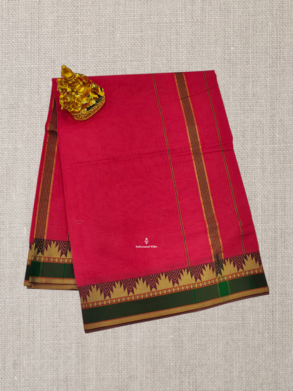 9 Yards Beautiful Reddish Pink Plain Pure Cotton Saree With Maroon Traditional Temple Border