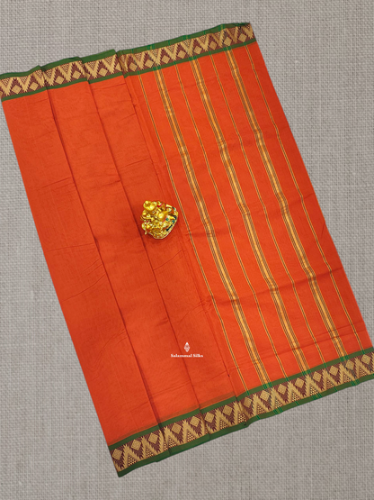 9 Yards Beautiful Orange Plain Pure Cotton Saree With Maroon Border