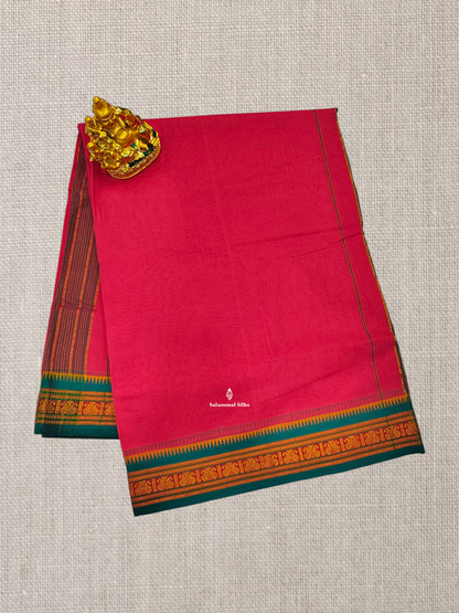 9 Yards Beautiful Green Plain Pure Cotton Saree With Multicolour Border