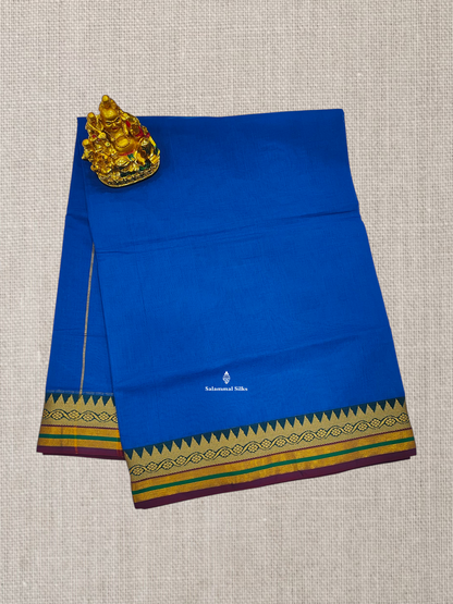 9 Yards Beautiful Ramar Blue Plain Pure Cotton Saree With Multicolour Zari Border