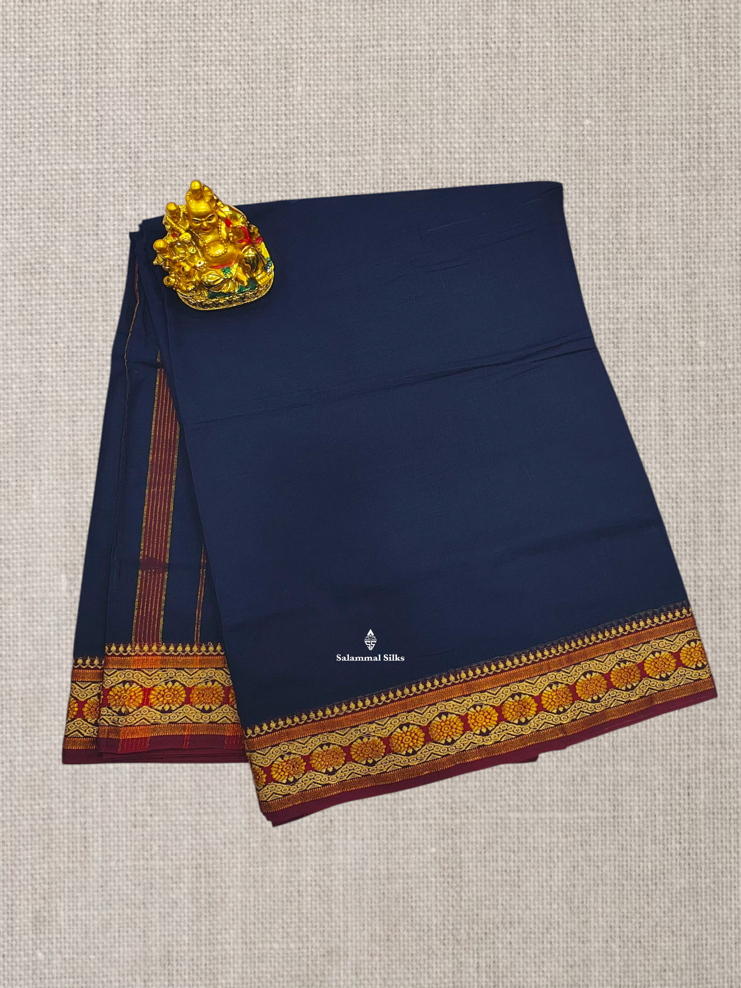 9 Yards Beautiful Navy Blue Plain Pure Cotton Saree With Maroon Border