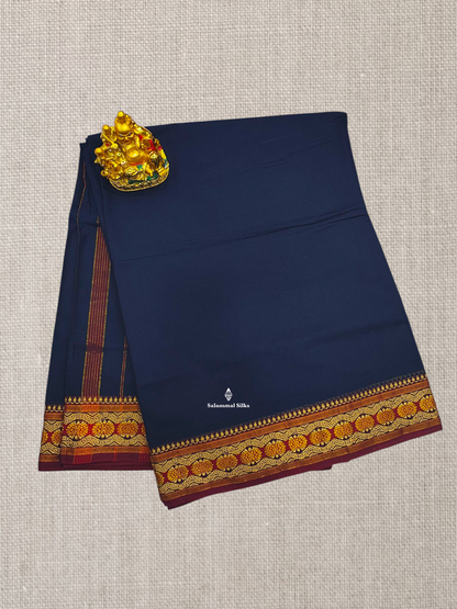 9 Yards Beautiful Navy Blue Plain Pure Cotton Saree With Maroon Border