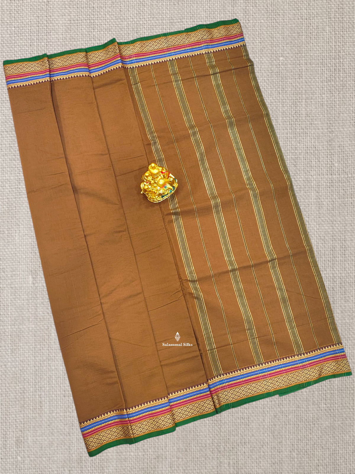 9 Yards Beautiful Light Brown Plain Pure Cotton Saree With Multicolour Border
