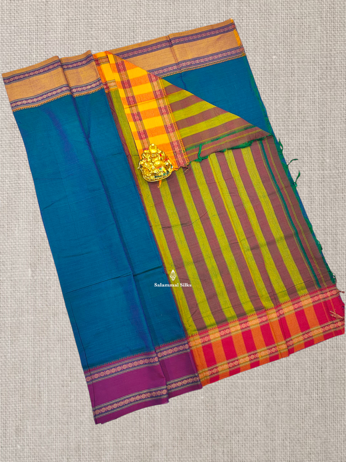 Bottle Green Plain Pure Cotton Saree With Traditional Ganga Jamuna Border
