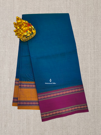 Bottle Green Plain Pure Cotton Saree With Traditional Ganga Jamuna Border