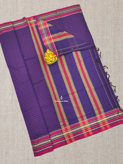 Peacock Blue Checks Pure Cotton Saree With Beautiful Pink Thread Work Border