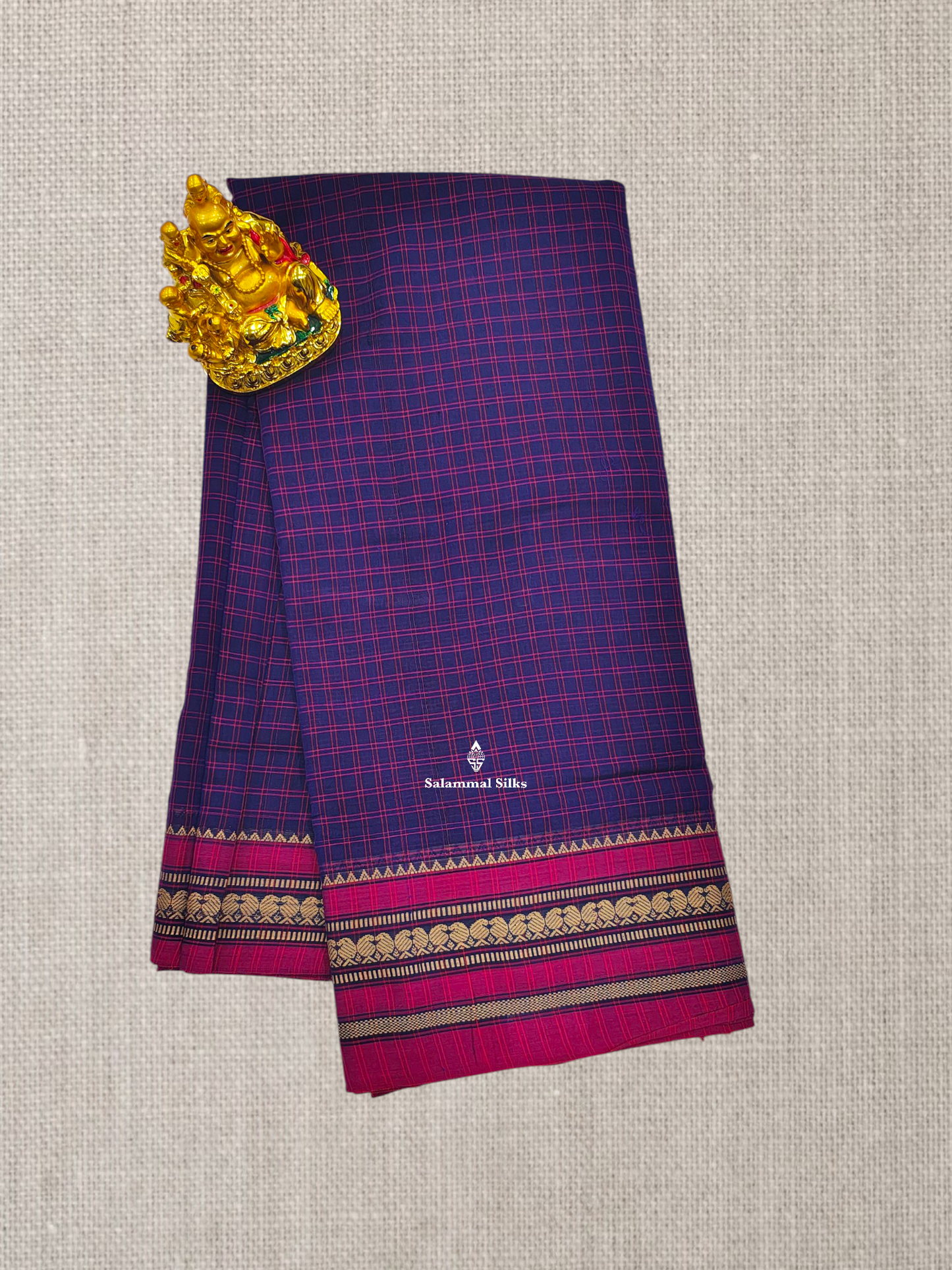 Peacock Blue Checks Pure Cotton Saree With Beautiful Pink Thread Work Border