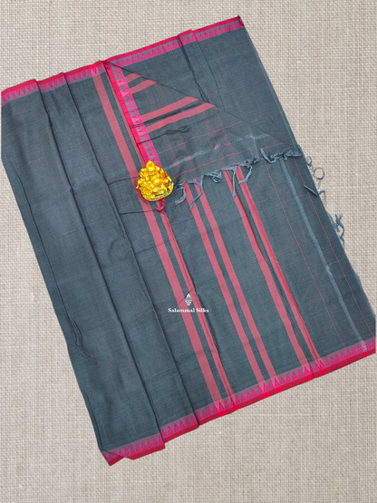 Gray Plain Pure Cotton Saree With Traditional Pink Small Temple Border