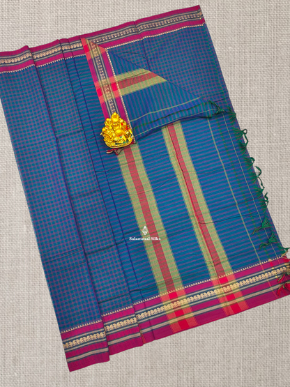 Peacock Blue Checks Pure Cotton Saree With Beautiful Pink Thread Work Border