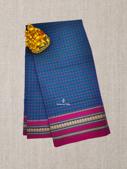 Peacock Blue Checks Pure Cotton Saree With Beautiful Pink Thread Work Border
