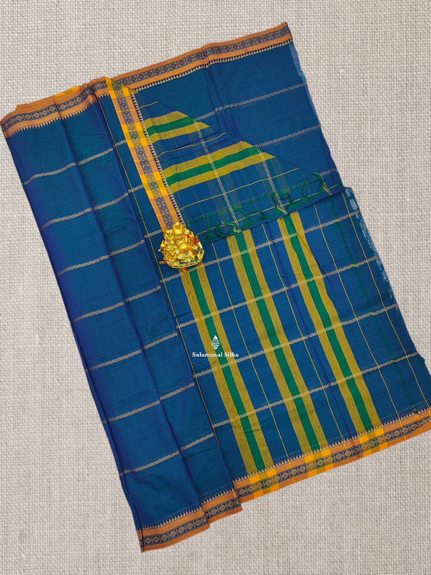 Peacock Blue Thread Lines Pure Cotton Saree With Mustard Yellow Border