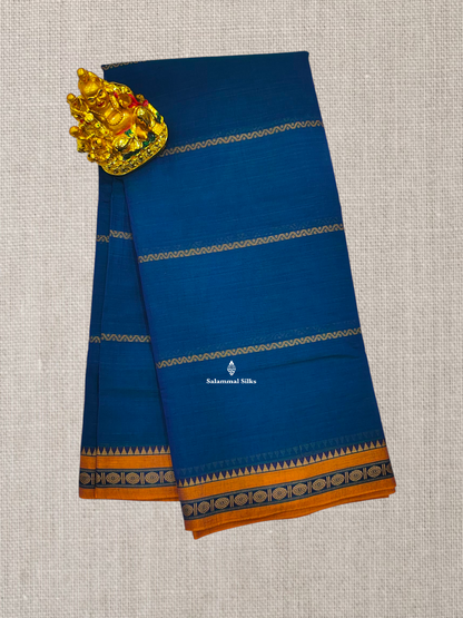 Peacock Blue Thread Lines Pure Cotton Saree With Mustard Yellow Border