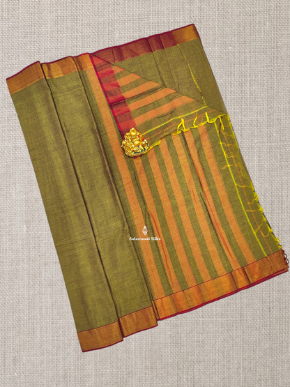 Manthulir Green Plain Pure Cotton Saree With Beautiful Maroon Border