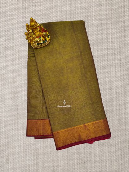 Manthulir Green Plain Pure Cotton Saree With Beautiful Maroon Border