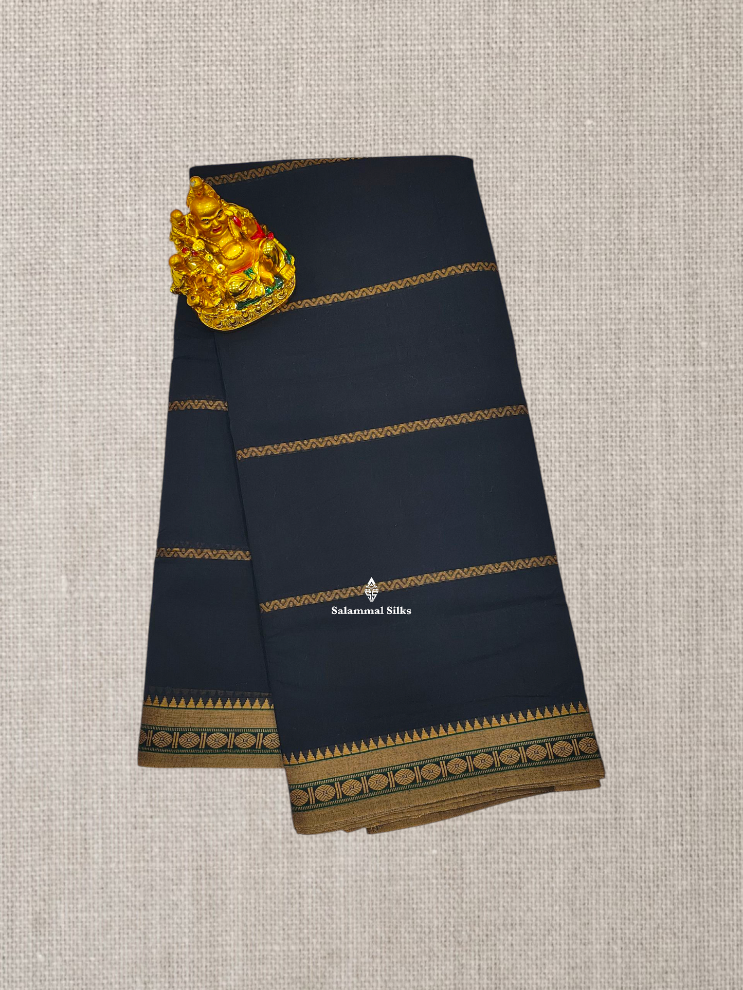 Peacock Blue Thread Lines Pure Cotton Saree With Mustard Yellow Border