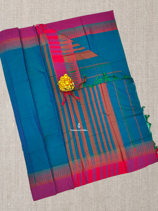 Beautiful Peacock Blue Plain Pure Cotton Saree With Maganta Thread Work Temple Border