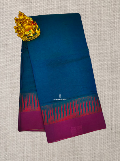 Beautiful Peacock Blue Plain Pure Cotton Saree With Maganta Thread Work Temple Border