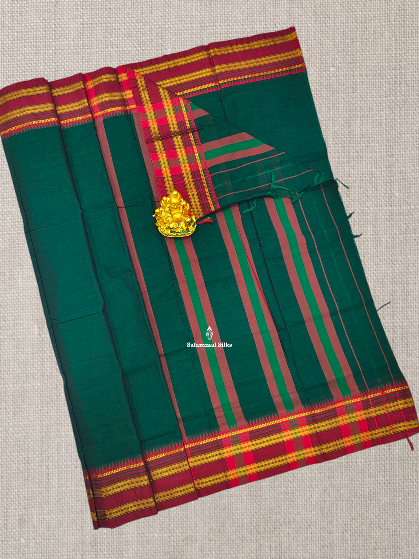 Bottle Green Plain Pure Cotton Saree With Beautiful Maroon Border