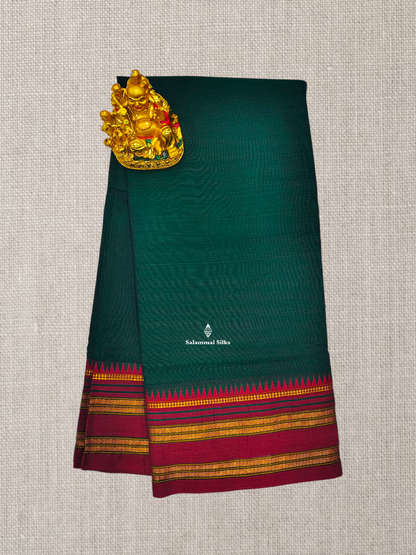 Bottle Green Plain Pure Cotton Saree With Beautiful Maroon Border