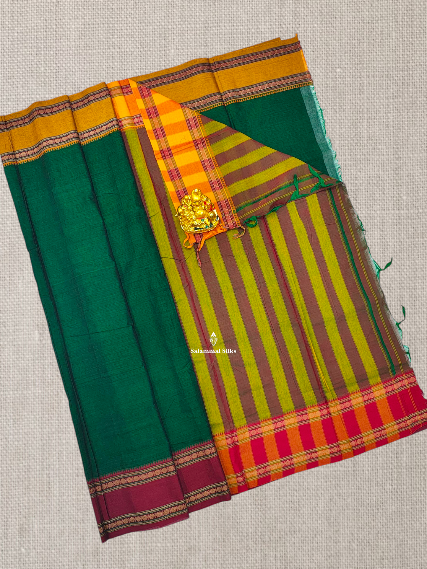Bottle Green Plain Pure Cotton Saree With Traditional Ganga Jamuna Border