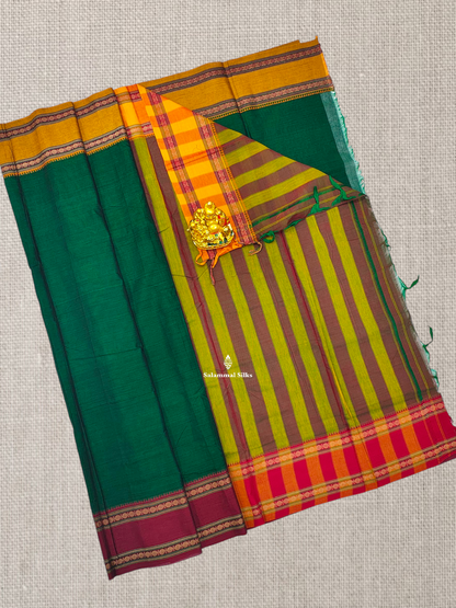 Bottle Green Plain Pure Cotton Saree With Traditional Ganga Jamuna Border