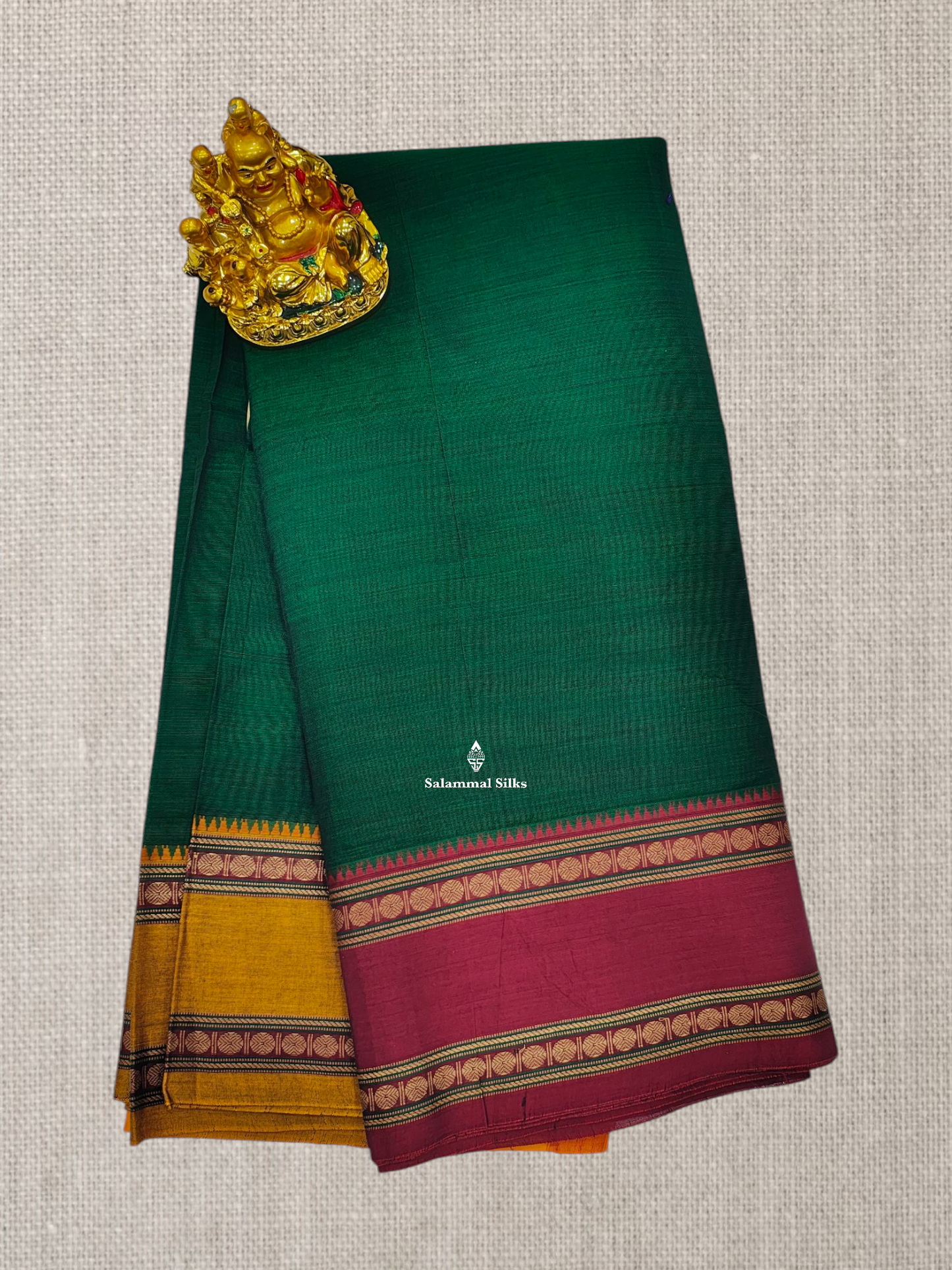 Bottle Green Plain Pure Cotton Saree With Traditional Ganga Jamuna Border