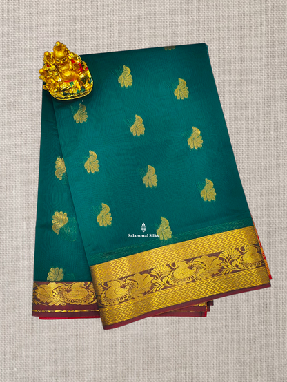 Bottle Green Mesmerised Cotton Saree With Beautiful Maroon Border