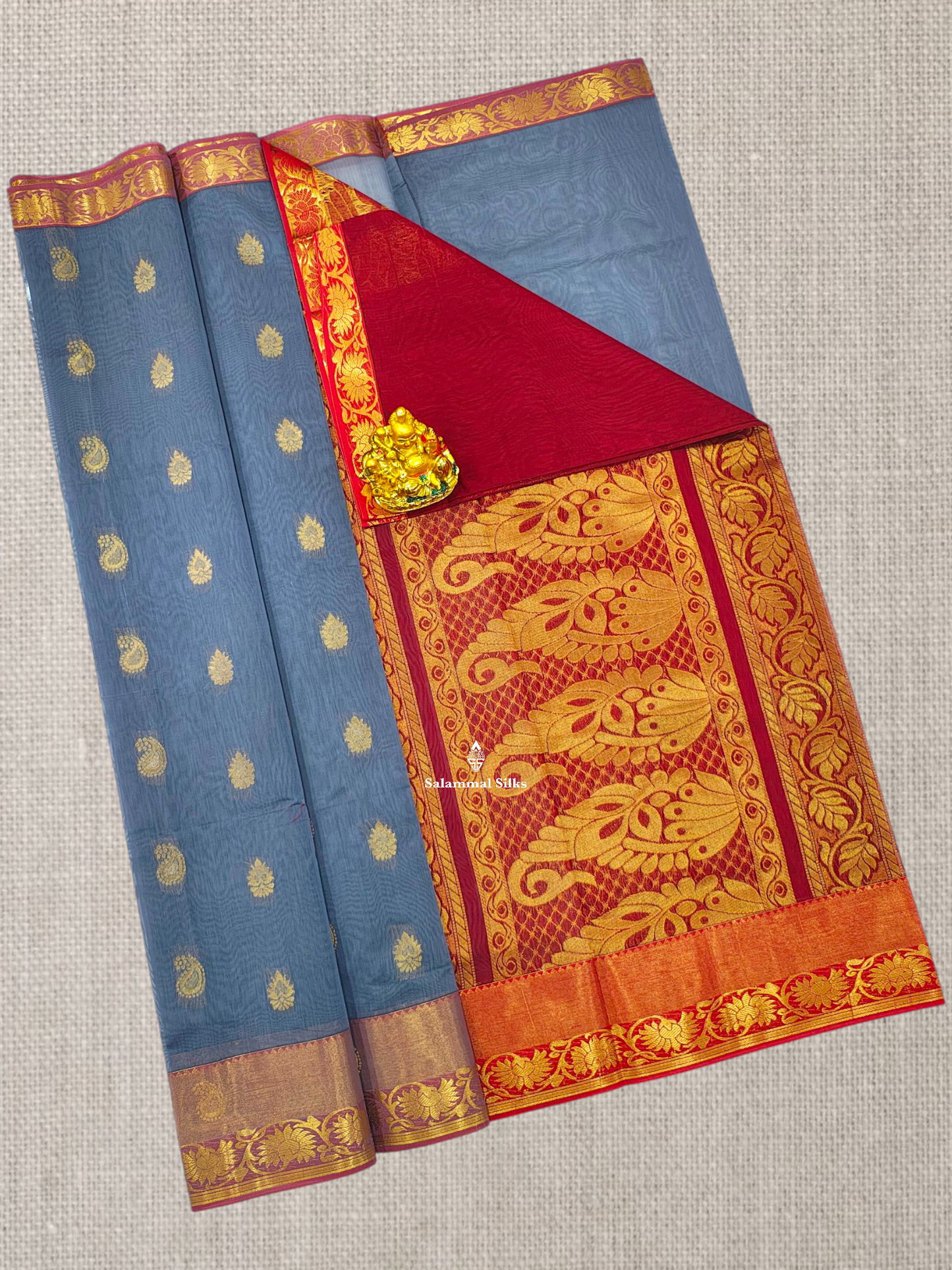 Grey Beautiful Mesmerised Cotton Saree With Maroon Tissue And Butta Border