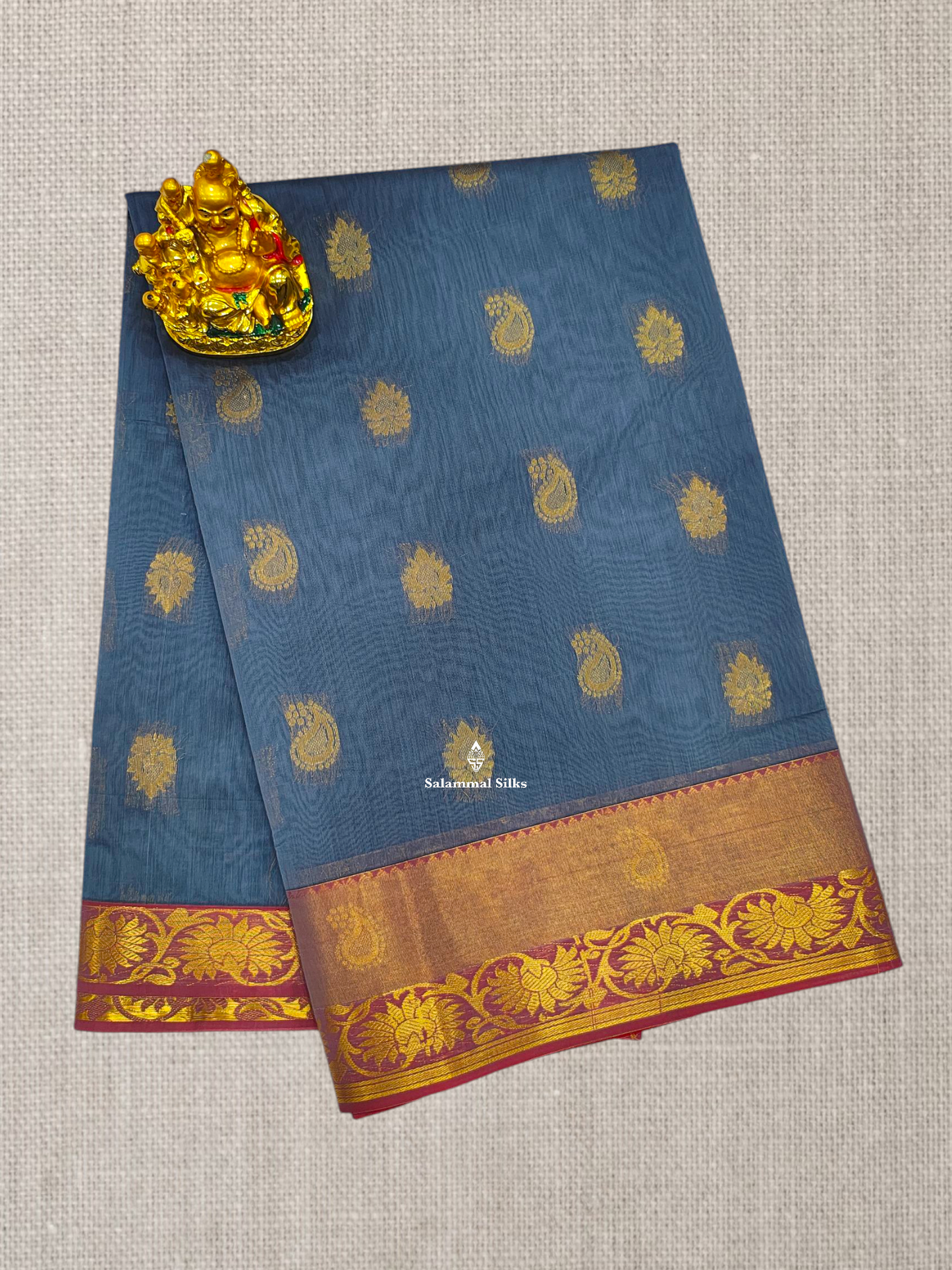 Grey Beautiful Mesmerised Cotton Saree With Maroon Tissue And Butta Border