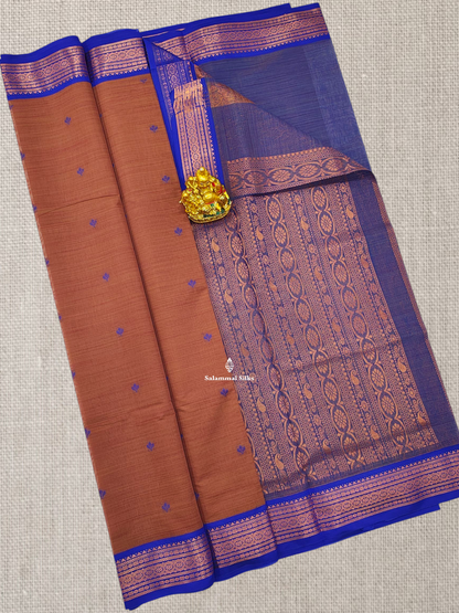 Peach Beautiful Thread Work Buttas Mesmerised Cotton Saree With Royal Blue Border