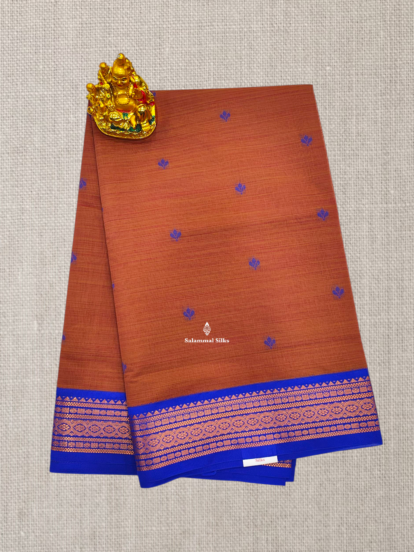 Peach Beautiful Thread Work Buttas Mesmerised Cotton Saree With Royal Blue Border