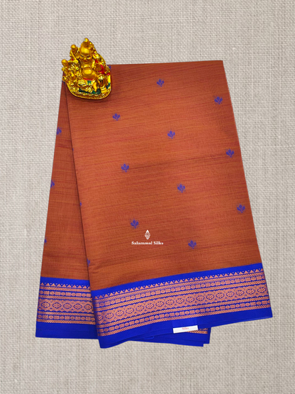 Peach Beautiful Thread Work Buttas Mesmerised Cotton Saree With Royal Blue Border