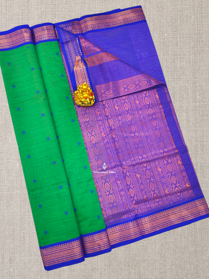 Peach Beautiful Thread Work Buttas Mesmerised Cotton Saree With Royal Blue Border
