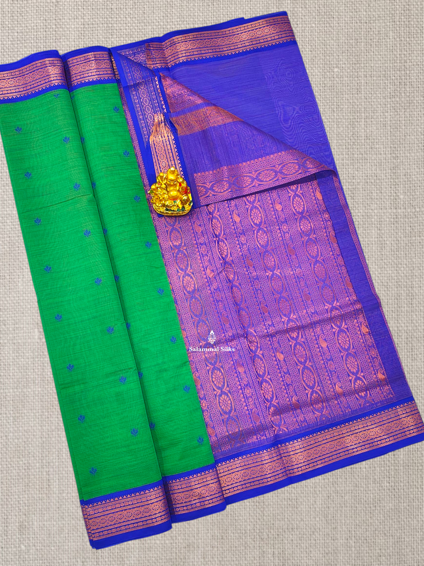 Peach Beautiful Thread Work Buttas Mesmerised Cotton Saree With Royal Blue Border