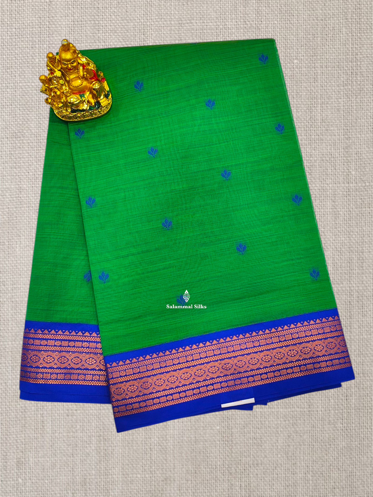 Peach Beautiful Thread Work Buttas Mesmerised Cotton Saree With Royal Blue Border