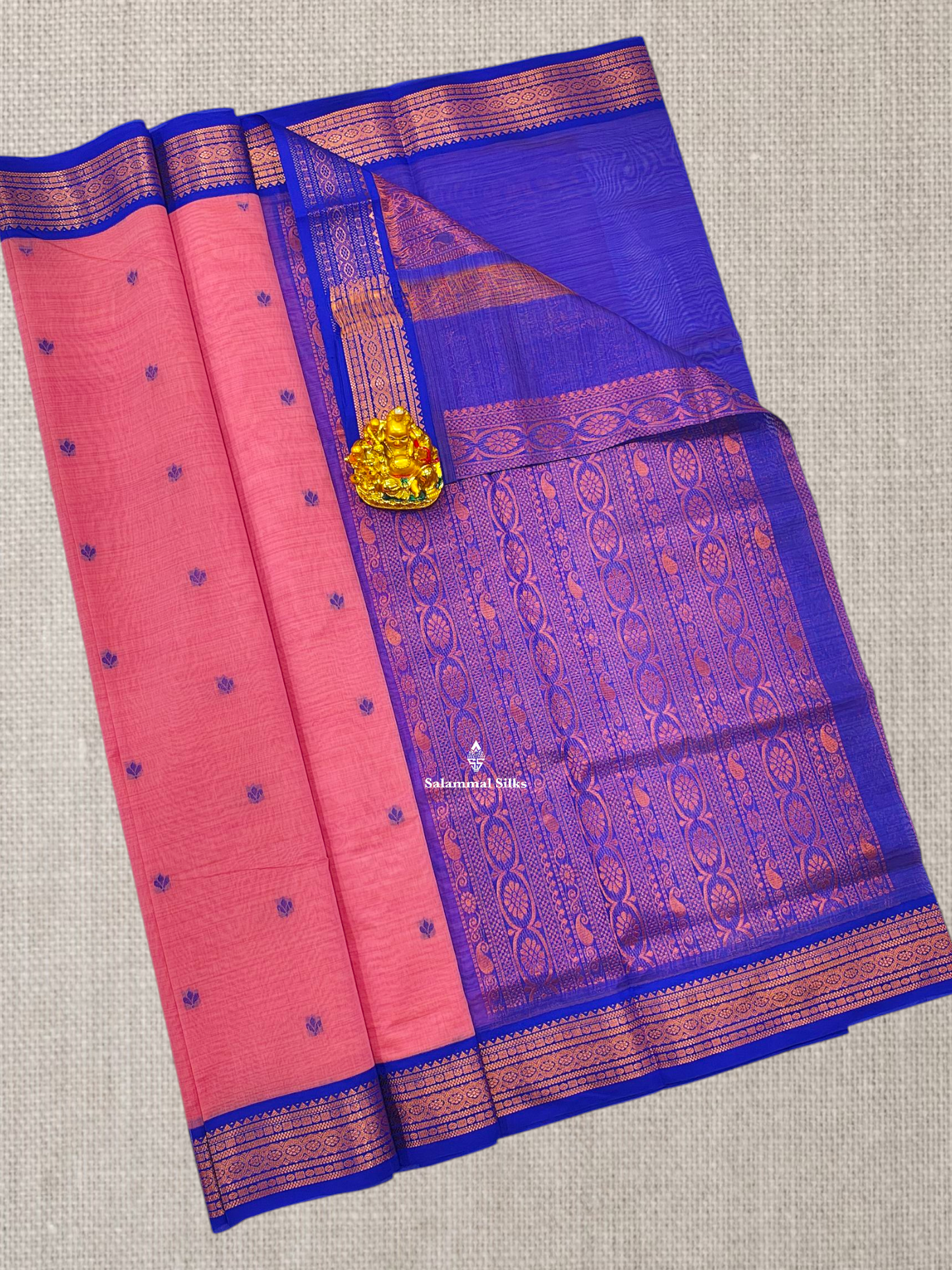 Peach Beautiful Thread Work Buttas Mesmerised Cotton Saree With Royal Blue Border