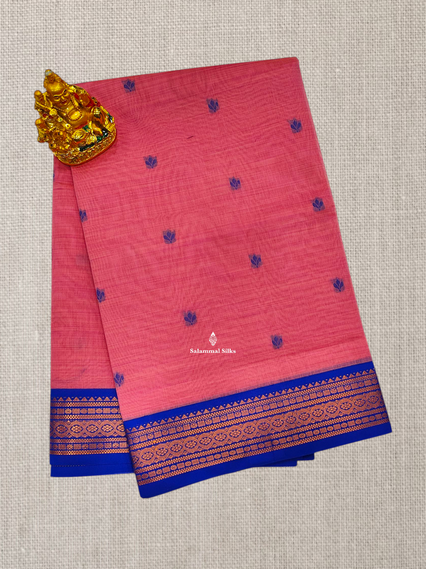 Peach Beautiful Thread Work Buttas Mesmerised Cotton Saree With Royal Blue Border