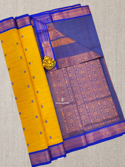 Peach Beautiful Thread Work Buttas Mesmerised Cotton Saree With Royal Blue Border