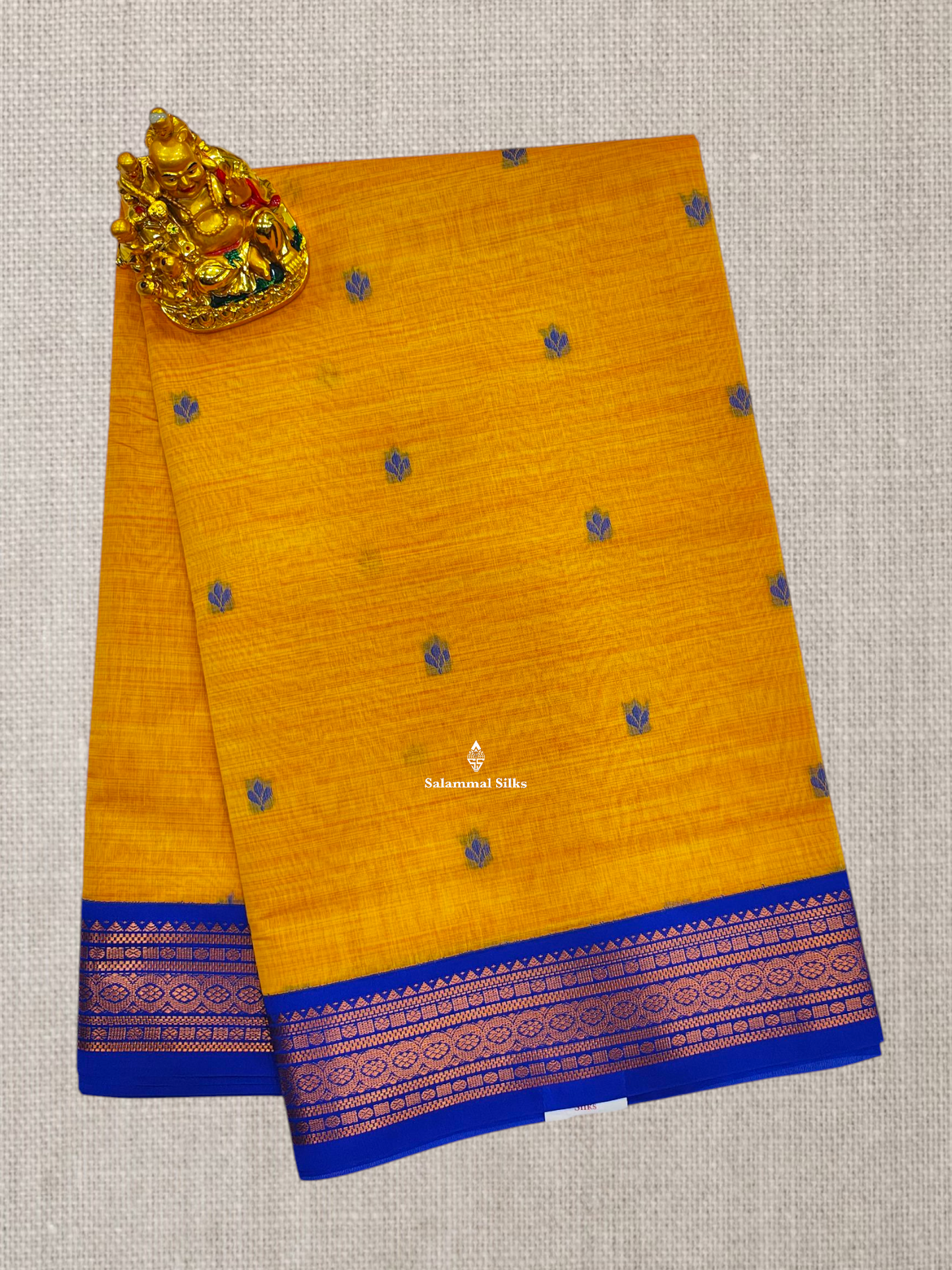 Peach Beautiful Thread Work Buttas Mesmerised Cotton Saree With Royal Blue Border