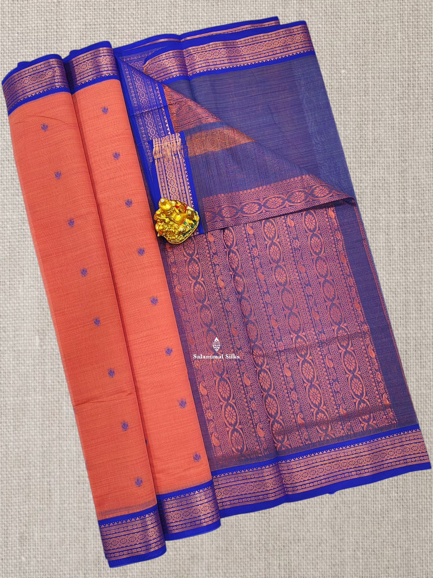 Peach Beautiful Thread Work Buttas Mesmerised Cotton Saree With Royal Blue Border