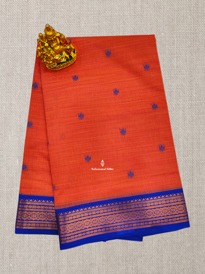 Peach Beautiful Thread Work Buttas Mesmerised Cotton Saree With Royal Blue Border