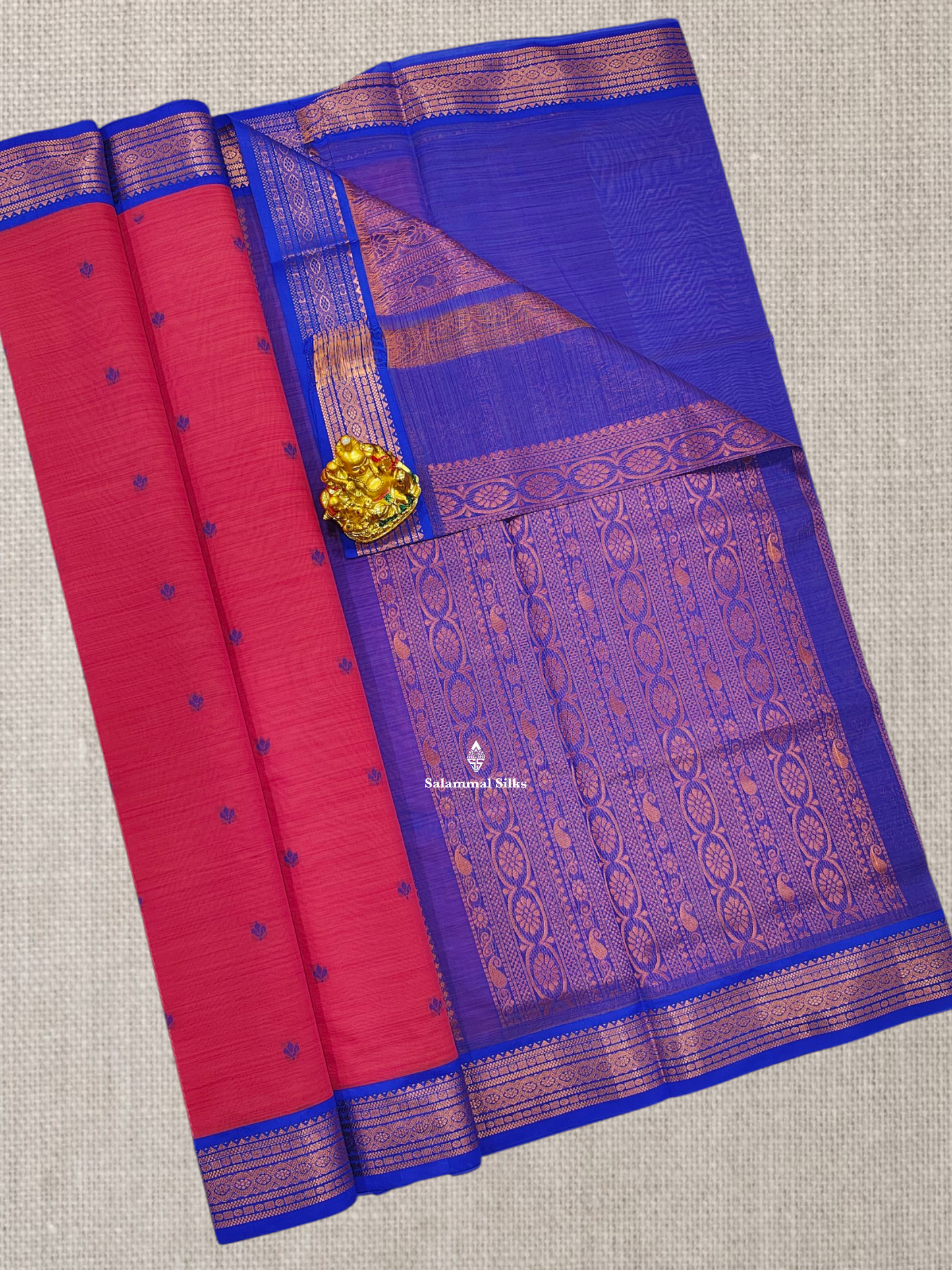 Peach Beautiful Thread Work Buttas Mesmerised Cotton Saree With Royal Blue Border