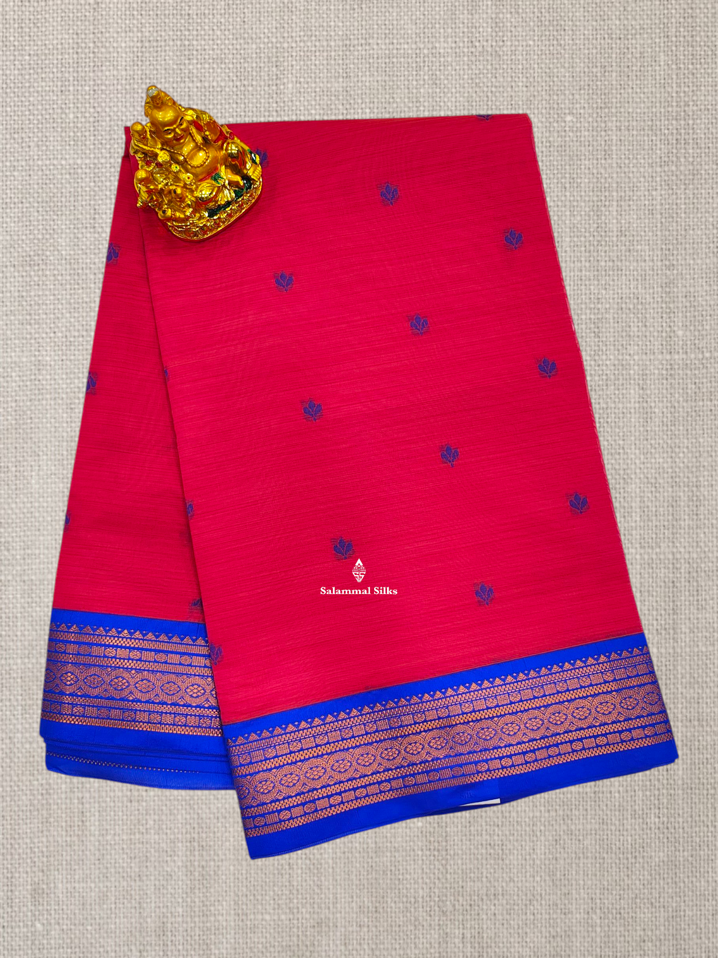 Peach Beautiful Thread Work Buttas Mesmerised Cotton Saree With Royal Blue Border